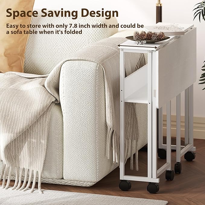 31.5" Folding Desk Rolling Desk with Storage Shelf,Space-Saving Foldable Computer Desk with Wheels,Portable Mobile Couch Sofa Side Table for Small Spaces, Home Office, Study, Easy Assembly,white