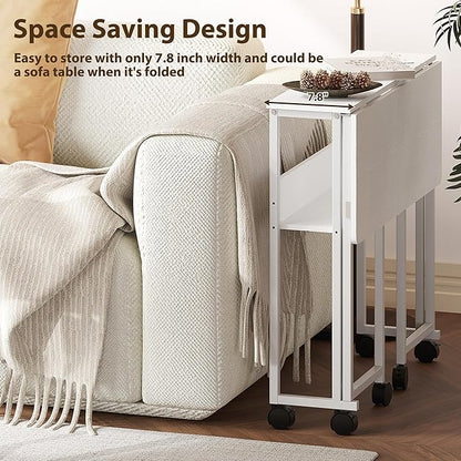 31.5" Folding Desk Rolling Desk with Storage Shelf,Space-Saving Foldable Computer Desk with Wheels,Portable Mobile Couch Sofa Side Table for Small Spaces, Home Office, Study, Easy Assembly,white