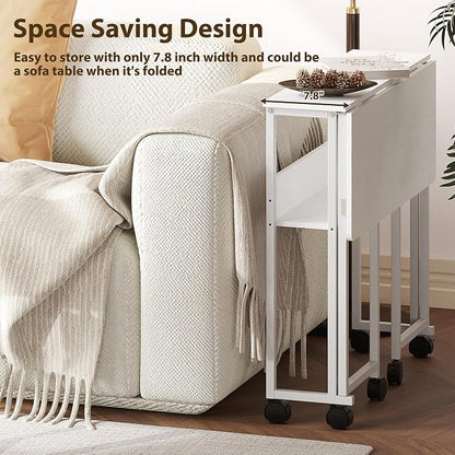 Folding Desk with Storage Shelf, 31.5 Inch Foldable Computer Table with Wheels for Small Spaces,Space Saving Sofa Table for Couch, Rolling Writing Work Office Computer Desk, Easy to Fold,White