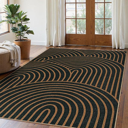 Lahome Modern Rainbow Easy Jute Carpet, Washable 5x7 Area Rugs for Living Room Black Farmhouse Dining Room Rug, Contemporary Natural Throw Mat Non Slip Floor Carpet for Office RV Patio