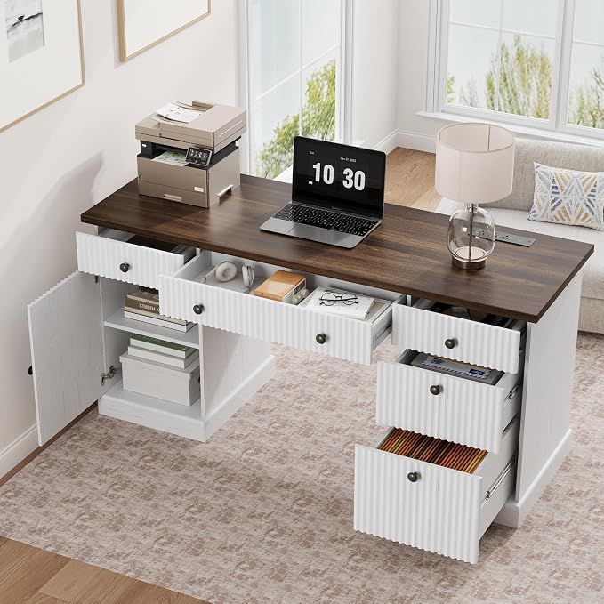 Garvee 60" Office Desk with Storage & Drawers, Fluted Wood Executive Desk with File Drawer & Charging Station, Modern Computer Desk with Adjustable Shelves for Home Office, White