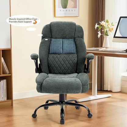Massage Office Chair,500LBS Ergonomic Rocking Executive Desk Chairs with 4 Points Vibration&Heat,Padded Flipup Armrests for Big and Tall Office Chair,Swivel Computer Chair Fabric DarkGreen