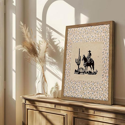 Western Cowboy Wall Art - Framed Canvas Cactus Poster for Living Room & Entryway, Vintage Horse Silhouette in Wood Frame, Rustic Floral Border Print, Farmhouse Decor 16x24 inch