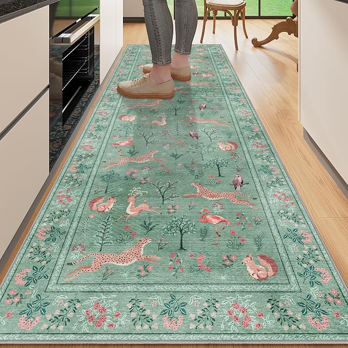 DUKINO 2x6 Rug for Hallway, Washable Kitchen Runner Rug with Non Slip Backing, Soft Low Pile Vintage Animal Runner for Bedroom, Kitchen, Hallway, Entryway, Laundry, Teal
