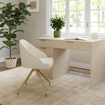 Martha Stewart Sora Stationary Swivel Task Chair with Sloped Arms for Home Office in Off White Boucle with Polished Brass Frame