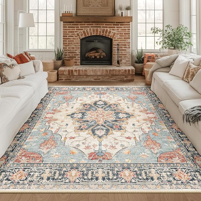 RELEANY Area Rugs Square 8ft Washable Non-Slip, Floral Vintage Distress Medallion Carpet for Living Room Bedroom Dining Room, Beige Navy Blue Orange Colorful