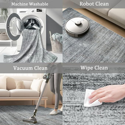 9x12 Area Rug Living Room Rugs - Washable Rug Large Modern Abstract Soft Thin Carpets Indoor Floor No Slip Vintage Carpet for Bedroom Under Dining Table Nursery Home Office Decor Gray Blue