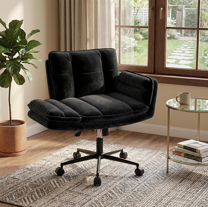 DurayLoly Criss Cross Chair with Wheels, Fluffy Vanity Chair with 5-Gear Flip Armrests, Cross Legged Swivel Seat for Bedroom, Makeup Vanity, Home Office, Dorm, Black