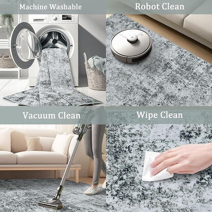 5x7 Area Rug Living Room Rugs - Washable Rug Large Modern Abstract Soft Thin Carpets Indoor Floor No Slip Vintage Carpet for Bedroom Under Dining Table Nursery Home Office Decor Gray White