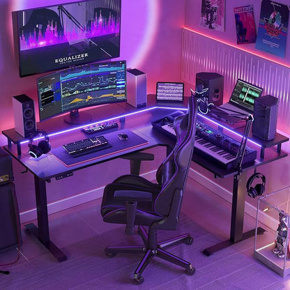 FEZIBO 63"x49" L Shaped Standing Desk with LED Strip & Power Outlets, Height Adjustable Stand up Corner Gaming Desk with Ergonomic Monitor Stand, Black Top/Black Frame（2 Packages）