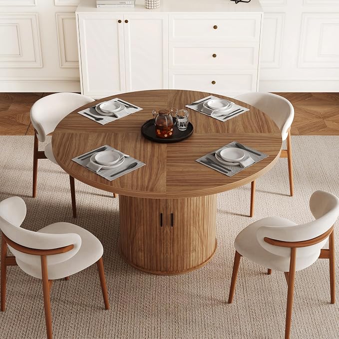 47 inch Round Dining Table for 4-6, Dinner Table with 2-Layer Storage Shelf, Morden Circle Kitchen Table with Wooden Strip Base and Wood Slide Door for Home Dining Room, Living Room, Chestnut