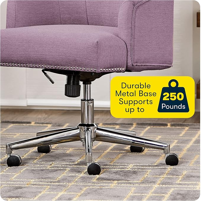 Serta Leighton Home Office Desk Chair, Mid-Back with Chrome Nailheads, Memory Foam Cushion and Padded Arms, Modern Makeup Vanity Armchair with Wheels, Swivel Base, Bonded Leather, Lilac Purple