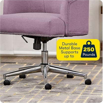 Serta Leighton Home Office Desk Chair, Mid-Back with Chrome Nailheads, Memory Foam Cushion and Padded Arms, Modern Makeup Vanity Armchair with Wheels, Swivel Base, Bonded Leather, Lilac Purple