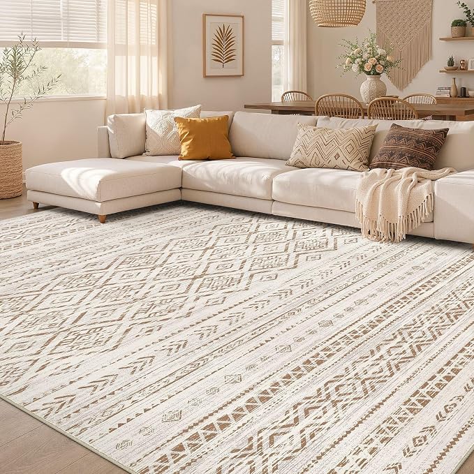 Nakagishi Area Rug Living Room Rugs: 7x9 Large Soft Machine Washable Boho Moroccan FarmNeutral Stain Resistant Indoor Floor Carpet for Bedroom Under Dining Table Home Office Decor-Brown