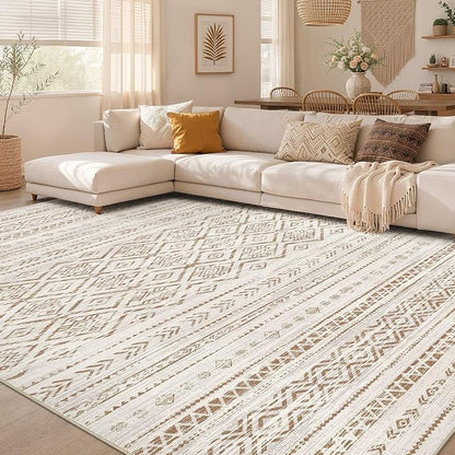 Nakagishi Area Rug Living Room Rugs: 10x14 Large Soft Machine Washable Boho Moroccan FarmNeutral Stain Resistant Indoor Floor Carpet for Bedroom Under Dining Table Home Office Decor-Brown