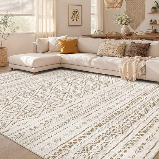 Nakagishi Area Rug Living Room Rugs: 6x9 Large Soft Machine Washable Boho Moroccan FarmNeutral Stain Resistant Indoor Floor Carpet for Bedroom Under Dining Table Home Office Decor-Brown