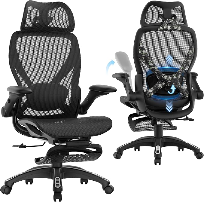 ELABEST X100 Ergonomic Mesh Office Chair with Footrest, Big and Tall Home Desk Chair with 5D Flip-Up Arms, Adjustable 3D Lumbar Support, Gaming & Executive Computer Chair, Night Reaper