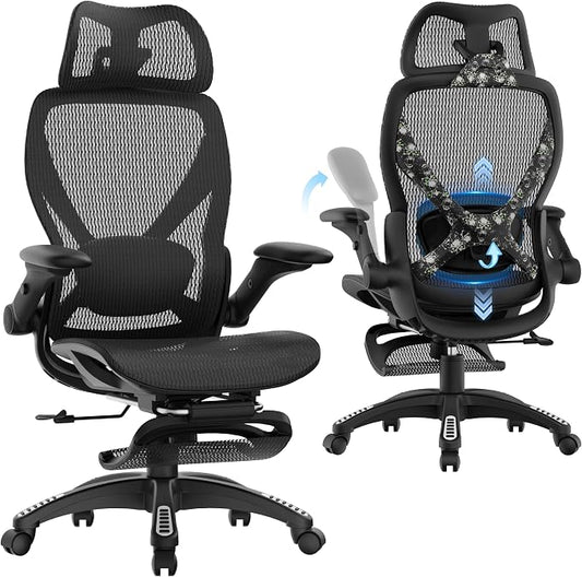 ELABEST X100 Ergonomic Mesh Office Chair with Footrest, Big and Tall Home Desk Chair with 5D Flip-Up Arms, Adjustable 3D Lumbar Support, Gaming & Executive Computer Chair, Night Reaper