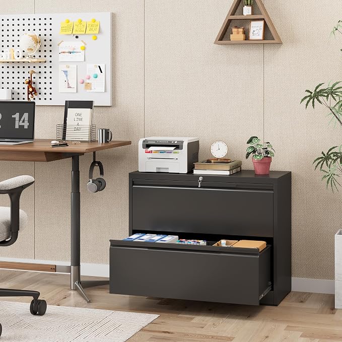 2 Drawer Lateral Metal File Cabinet, Home Office Storage Filing Cabinet with Hanging Bars & Keys, Compatible with Legal Letter A4 F4 Size Hanging Folders,Black,Require Assembly