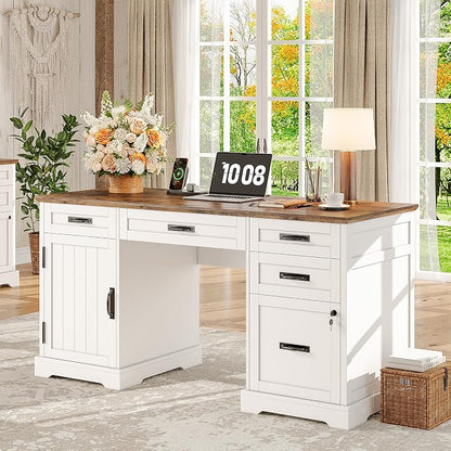 Whalefall 55'' Farmhouse Desk Home Office with Drawers, White | Executive Computer Desk with File Cabinet and Charging Station, Wooden Small Desk with Locking Drawers Storage