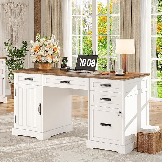 Whalefall 55'' Farmhouse Desk Home Office with Drawers, White | Executive Computer Desk with File Cabinet and Charging Station, Wooden Small Desk with Locking Drawers Storage