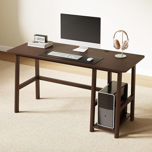 NELYE Solid Wood Computer Desk - 58" W x 24" D Modern Minimalist Table with Shelf，Sturdy Computer Workstation for Home Office, Walnut