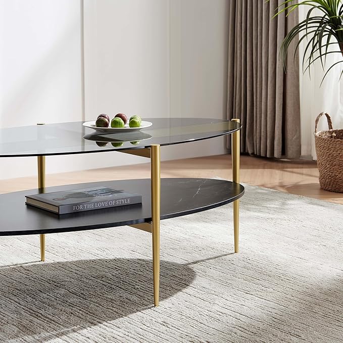 LumFurn Oval Glass Coffee Table, Mid-Century Modern Design, L43 x W22 x H17 inch, Surfboard Shaped Grey Glass Top and Black Marble Finish Wood Shelf, Tapered Legs with Gold Finish Frame