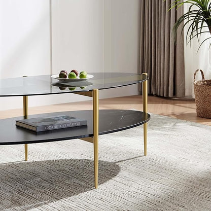 LumFurn Oval Glass Coffee Table, Mid-Century Modern Design, L43 x W22 x H17 inch, Surfboard Shaped Grey Glass Top and Black Marble Finish Wood Shelf, Tapered Legs with Gold Finish Frame
