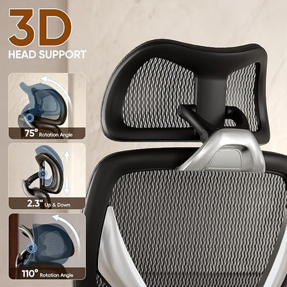 GABRYLLY Ergonomic Office Chair, Big and Tall Mesh Chair with Adjustable Lumbar Support, 5D Arms & Wide Seat, 135° Recline Home Desk Computer Chairs for Work Gaming, Heavy Duty,400LBS - Black