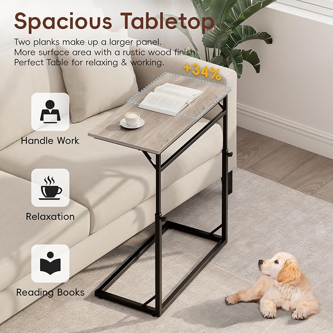 Vagusicc C Shaped End Table, 33.5"Tall Side Table for Couch, C-Table Sofa Table Adjustable Height Side Table, Large Surface Slide Under Couch Table, Coffee Table TV Tray for Living Room, Bedroom, Grey