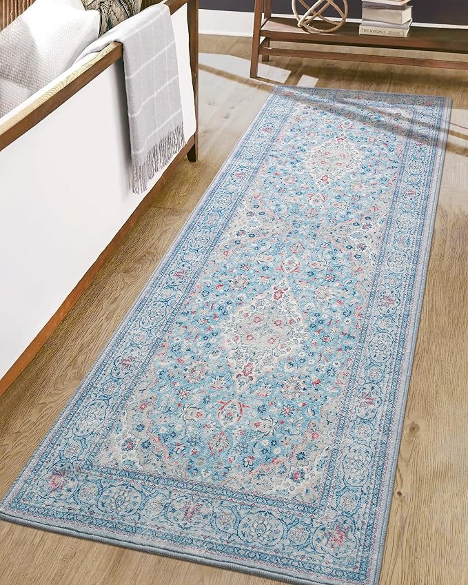 Goideal Washable Runner Rug 2x6, Blue Rugs Non Slip, Indoor Low Pile Carpet with Rubber Backing for Hallway Kitchen Bathroom Entryway Bedroom