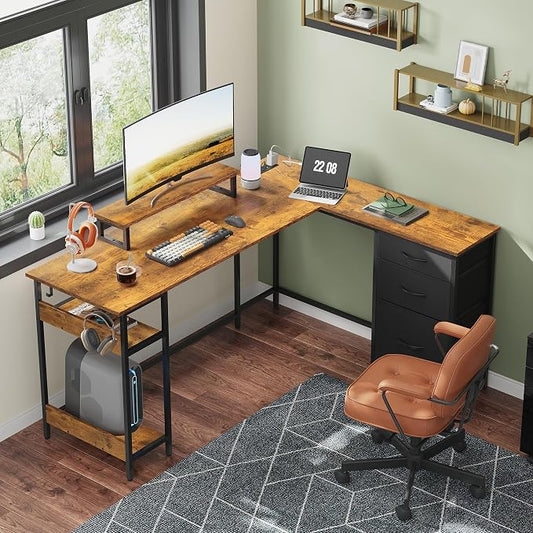 DEVAISE 60 Inch L Shaped Gaming Desk with Drawers and Storage, Corner Desk with LED Lights, Power Outlets, Computer Desk with Monitor Stand, Office Desk for Home, Rustic Brown