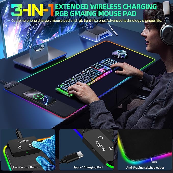 Mouse Pad with Wireless Charging, RGB Gaming Mousepad, Large Desk Mat with Ultra-Smooth Surface, Non-Slip Mouse Mat, Waterproof Computer Keyboard Pad with 18W QC Power Adapter, 800x400x4MM, Black