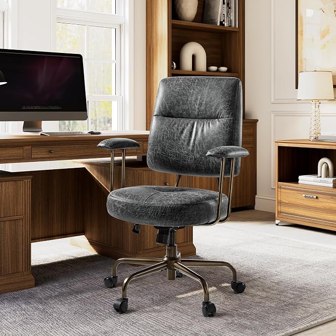 EUREKA ERGONOMIC Becky Home Office Desk Chairs Leather, Comfy Office Chair with Lumbar Support and Arms, Mid-Back, Comfortable Thick Cushion, Height Adjustable, Mid-Century Modern, Gray