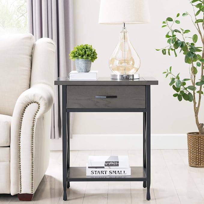 Leick Home 23022 Chisel & Forge One Drawer Nightstand with Shelf, Smoke Gray and Matte Black