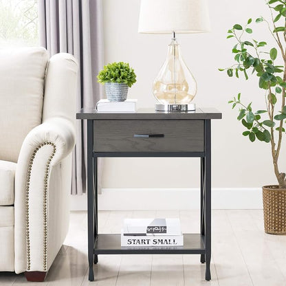 Leick Home 23022 Chisel & Forge One Drawer Nightstand with Shelf, Smoke Gray and Matte Black