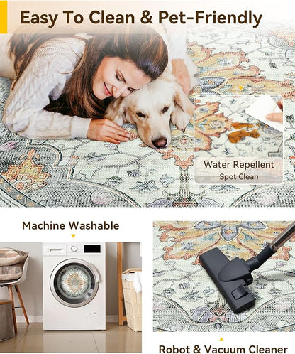 RELEANY Area Rugs Round 4ft Washable Non-Slip, Floral Vintage Distress Medallion Carpet for Living Room Bedroom Dining Room, Beige Carbon Grey Orange
