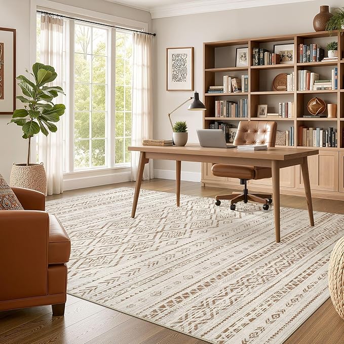 Nakagishi Area Rug Living Room Rugs: 8x10 Large Soft Machine Washable Boho Moroccan FarmNeutral Stain Resistant Indoor Floor Carpet for Bedroom Under Dining Table Home Office Decor-Brown