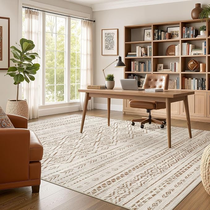 Nakagishi Area Rug Living Room Rugs: 6x9 Large Soft Machine Washable Boho Moroccan FarmNeutral Stain Resistant Indoor Floor Carpet for Bedroom Under Dining Table Home Office Decor-Brown