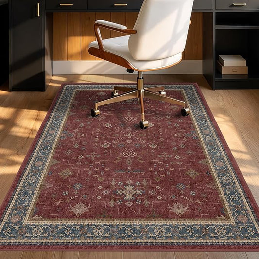 Turkish Boho Office Chair Mat for Hard Wood Floors, Burgundy Anti-Slip Floor Protector for Heavy Duty Computer Chair, 48"x60" Low Pile Under Desk Rug, Easy to Clean