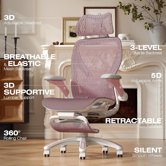 ELABEST X100 Ergonomic Mesh Office Chair with Footrest, Big and Tall Hone Desk Chair with 5D Flip-Up Arms, Adjustable 3D Lumbar Support,Gaming & Executive Computer Chairs