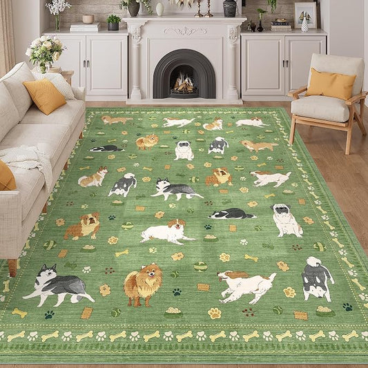 DUKINO 8x10 Area Rug, Non Slip Washable Animal Dog Rug for Living Room, Stain Resistant & Low Pile Indoor Floor Large Carpet for Bedroom, Farmhouse, Nursery, Dining Room, Kids Playroom, Green