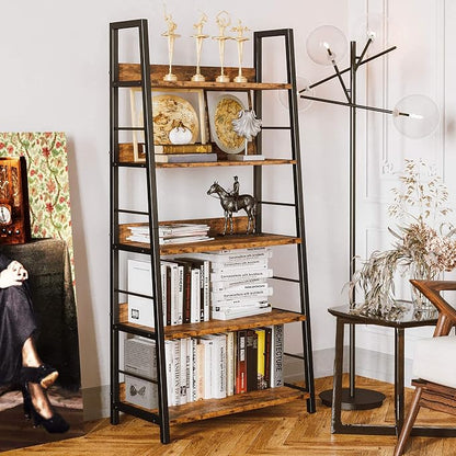 IRONCK 5 Tier Ladder Bookcase with Metal Frame Rustic Brown | Bookshelves and Bookcases,open display shelves; metal frame; shelf baffles; home office