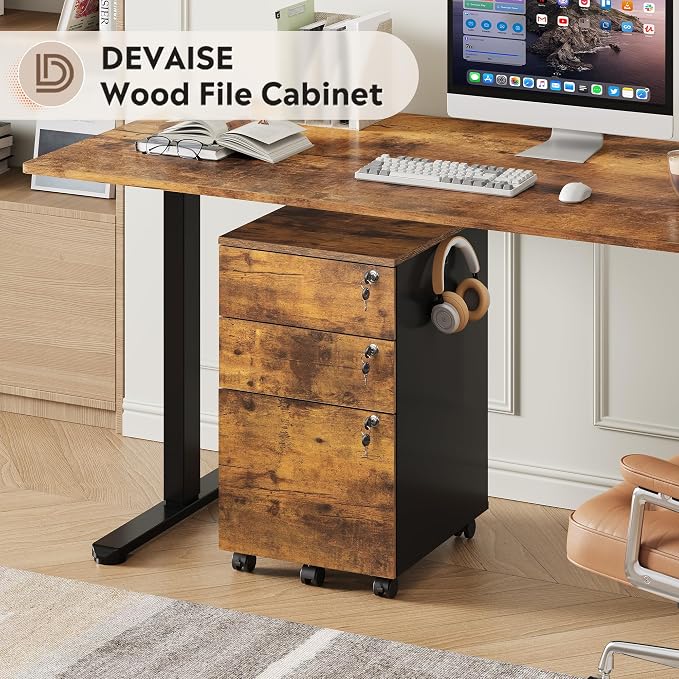 DEVAISE 3 Drawer Mobile File Cabinet with Individual Locks, Wood Filing Cabinet for Office, Under Desk Printer Stand with Wheels, Fits Letter/A4/Legal Size, Rustic Brown