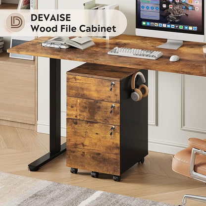 DEVAISE 3 Drawer Mobile File Cabinet with Individual Locks, Wood Filing Cabinet for Office, Under Desk Printer Stand with Wheels, Fits Letter/A4/Legal Size, Rustic Brown