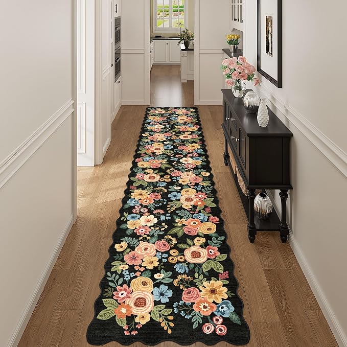 DUKINO 2.6x12 Runner Rug for Hallway, Non Slip Floral Washable Kitchen Rug with Low Pile Design, Boho Stain Resistant Floor Carpet Runner for Entryway, Bathroom, Laundry, Bedroom, Black