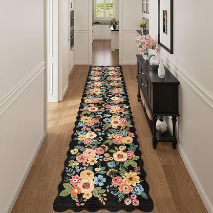 DUKINO 2.6x12 Runner Rug for Hallway, Non Slip Floral Washable Kitchen Rug with Low Pile Design, Boho Stain Resistant Floor Carpet Runner for Entryway, Bathroom, Laundry, Bedroom, Black