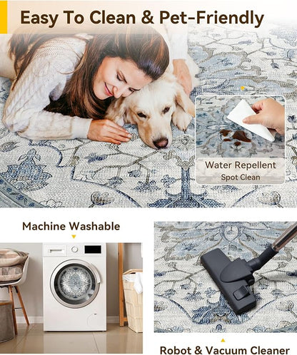 RELEANY Area Rugs Round 6ft Washable Non-Slip, Floral Vintage Distress Medallion Carpet for Living Room Bedroom Dining Room, Light Blue Navy Gray White