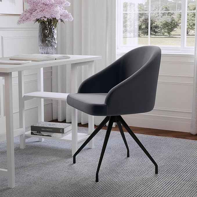 Martha Stewart Sora Stationary Swivel Task Chair with Sloped Arms for Home Office in Gray Velvet with Oil Rubbed Bronze Frame
