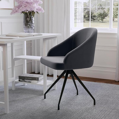 Martha Stewart Sora Stationary Swivel Task Chair with Sloped Arms for Home Office in Gray Velvet with Oil Rubbed Bronze Frame
